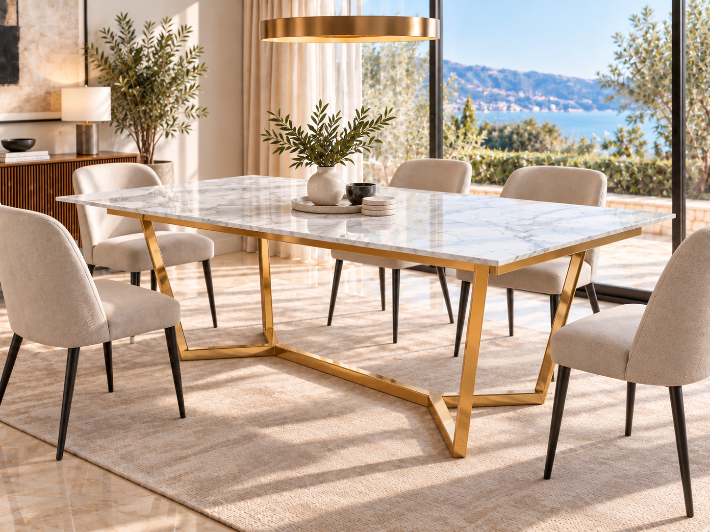 Comedor Lamperos con cubierta Blanco Carrara y base de acero Dorado, Mobleos