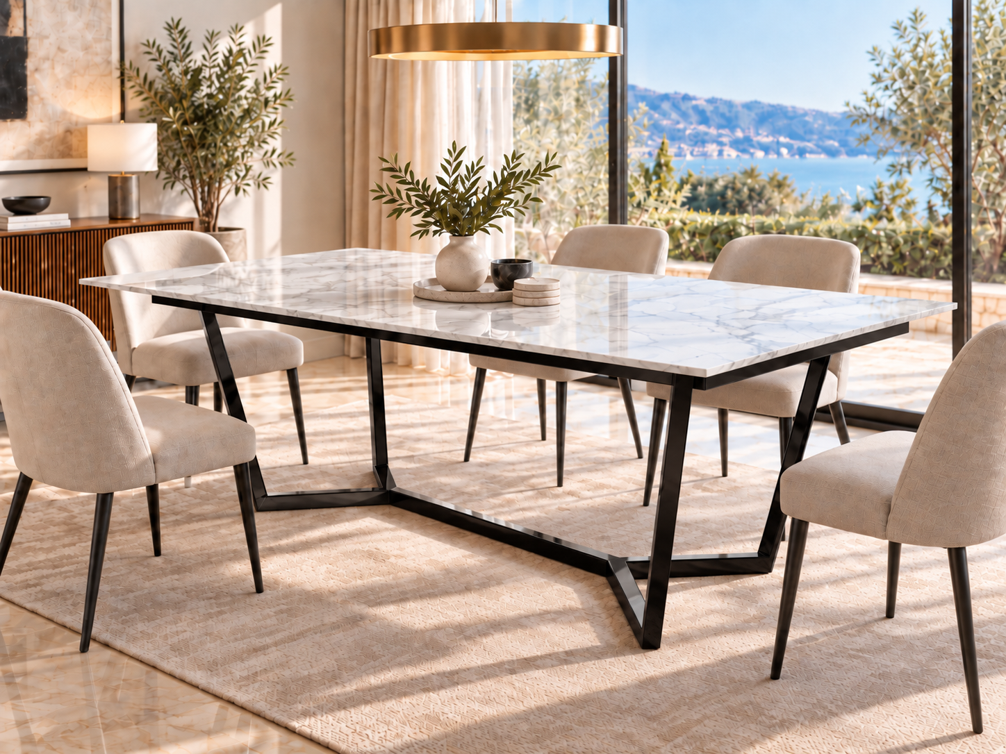 Comedor Lamperos con cubierta Blanco Carrara y base de acero Negro, Mobleos