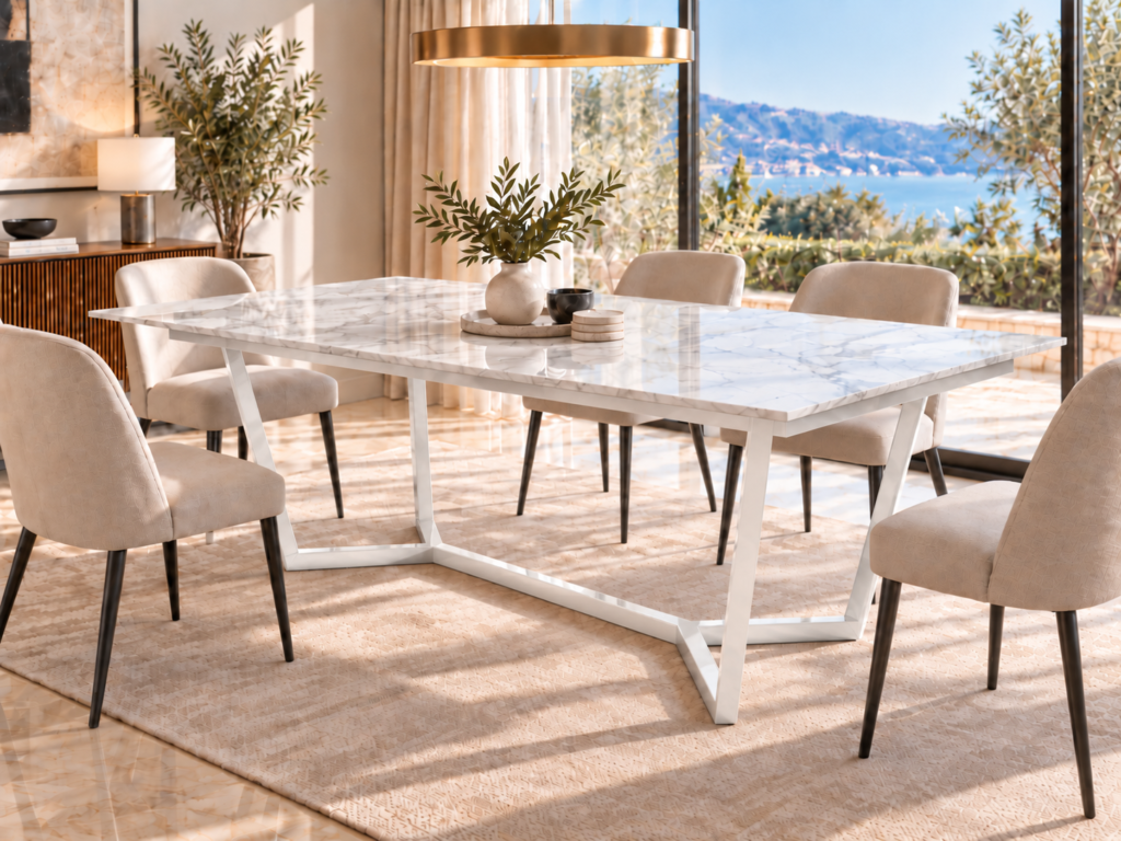 Comedor Lamperos con cubierta Blanco Carrara y base de acero Blanco, Mobleos
