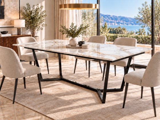 Comedor Lamperos con cubierta Calacatta Gold y base de acero Negro, Mobleos