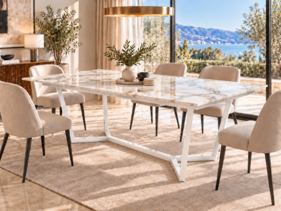 Comedor Lamperos con cubierta Calacatta Gold y base de acero Blanco, Mobleos