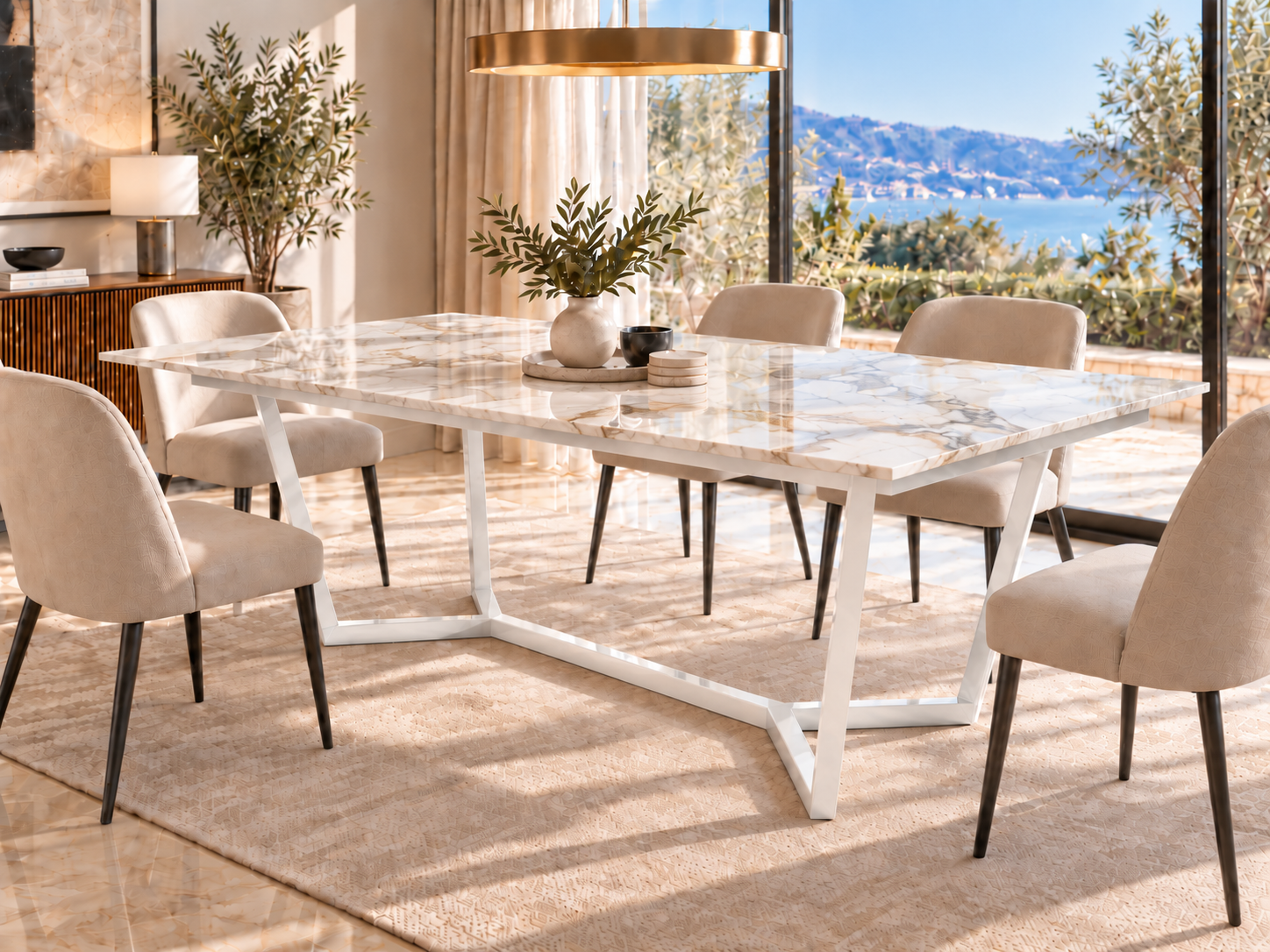 Comedor Lamperos con cubierta Calacatta Gold y base de acero Blanco, Mobleos