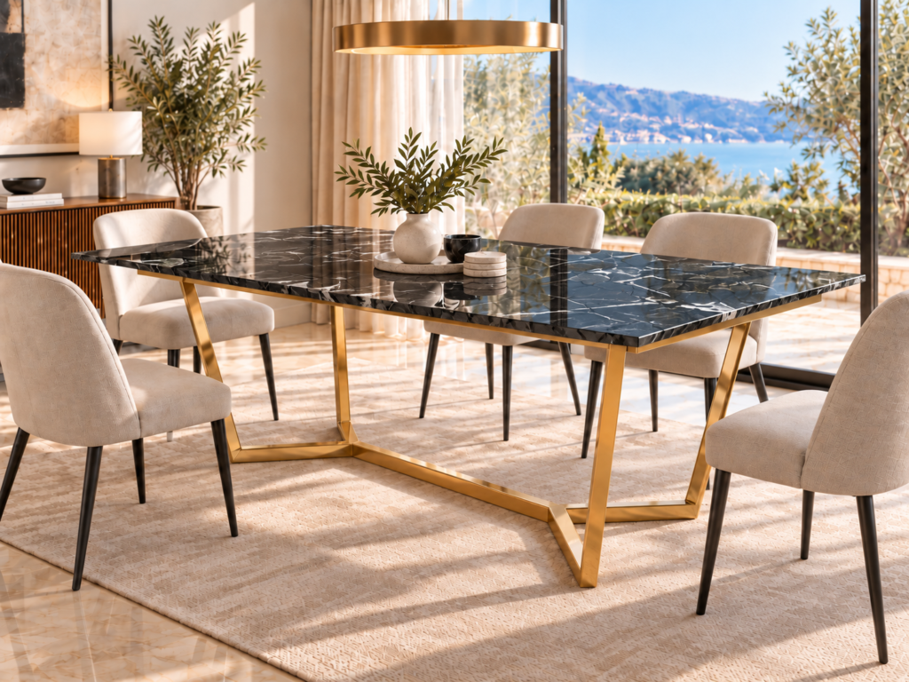 Comedor Lamperos con cubierta Nero Marquina y base de acero Dorado, Mobleos