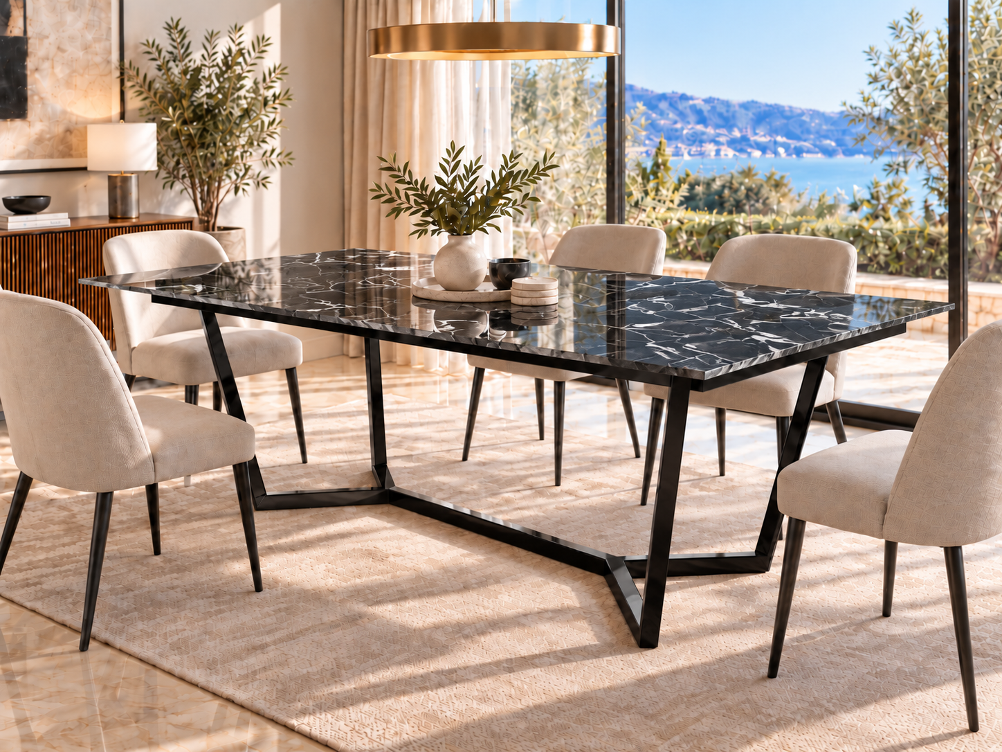 Comedor Lamperos con cubierta Nero Marquina y base de acero Negro, Mobleos