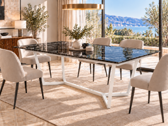Comedor Lamperos con cubierta Nero Marquina y base de acero Blanco, Mobleos