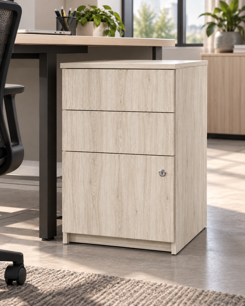 Cajonera Myalo para home office acabado Encino Polar, vista ambientada